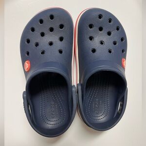 Crocs Crocband Clogs, Unisex, Navy Blue w Red & White, Size Child 12, Look New